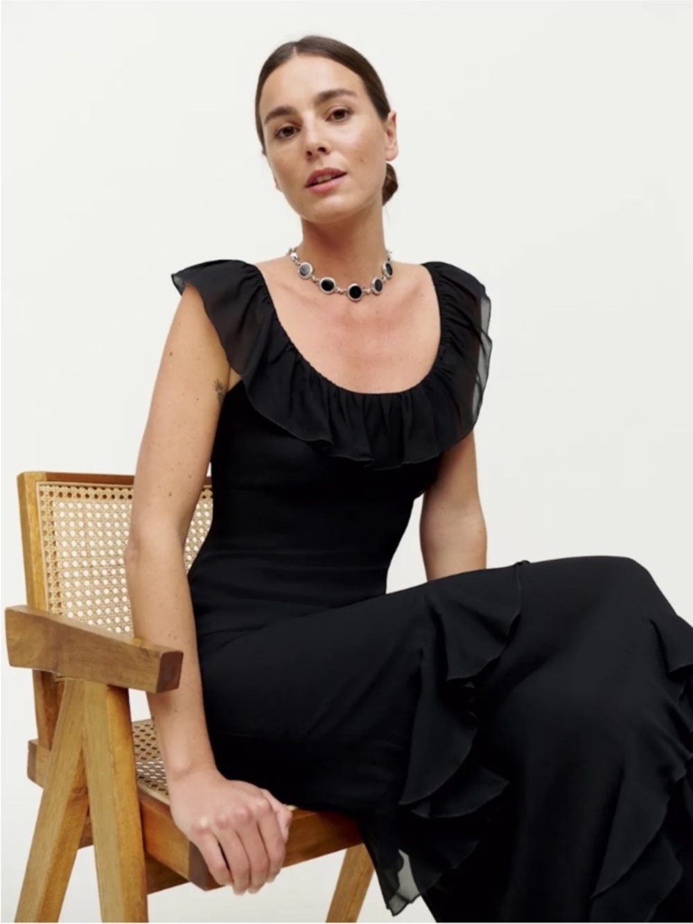NEW Reformation Tripoli Dress Black Maxi Ruffle Tiered Cap Sleeve Fitted Gown 2 - Picture 3 of 11